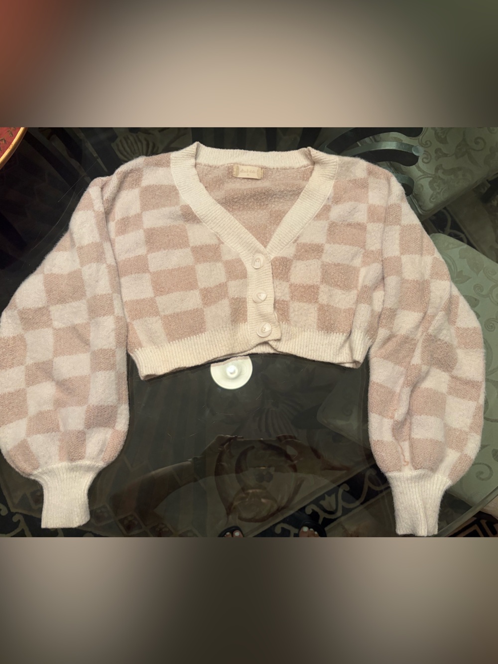 Altar'd State Beige and Cream Checkered Button-up Sweater